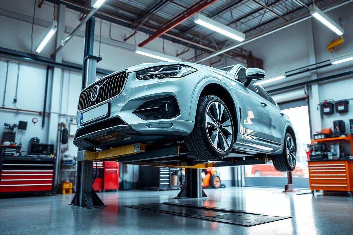 Car raised on a hydraulic lift inside a service garage bay